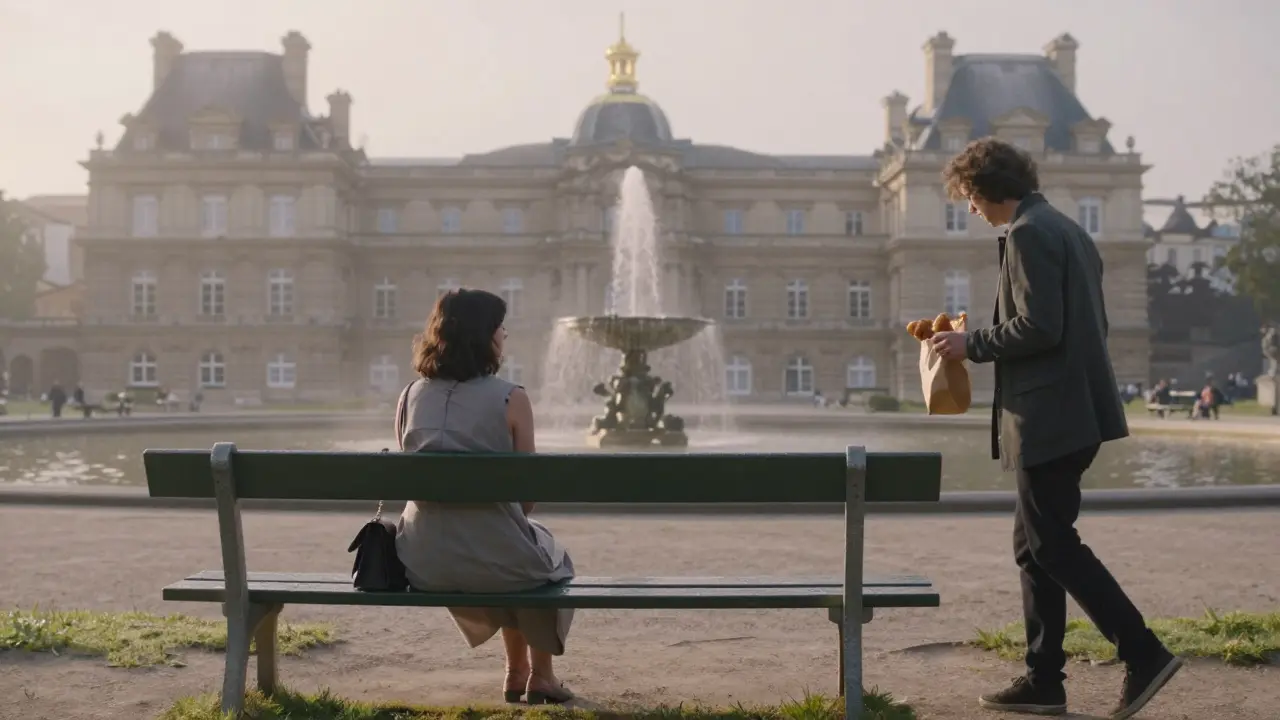 A woman and companion on a bench in Luxembourg Gardens at sunrise, with croissants and morning light.