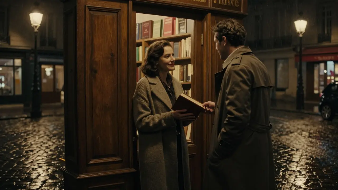 A woman handing a book to a man at a hidden Paris bookstore at night, rain glistening on cobblestones.