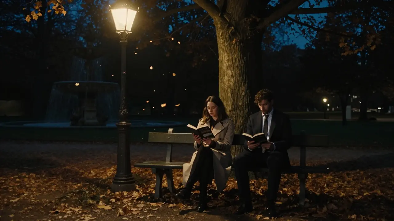 A woman reads to a man in a peaceful corner of Luxembourg Gardens at midnight.