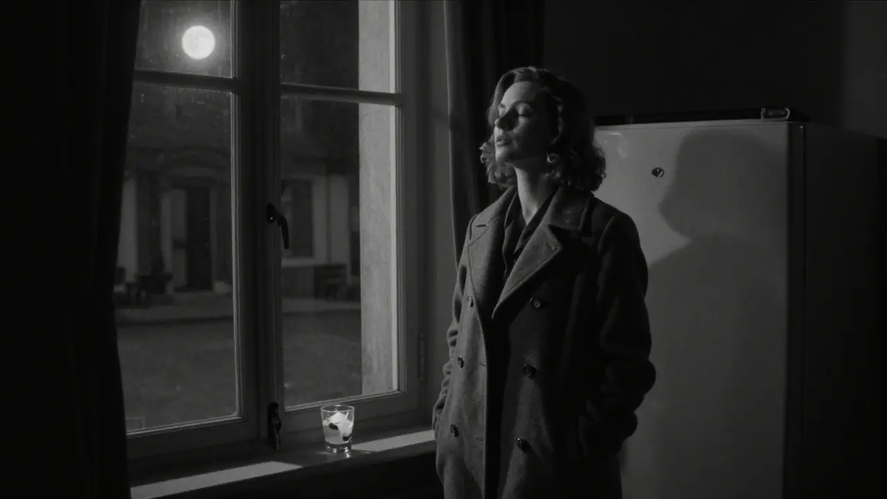 A woman standing alone at a window at 2:30 AM, eyes closed, in complete silence as the music has just stopped.