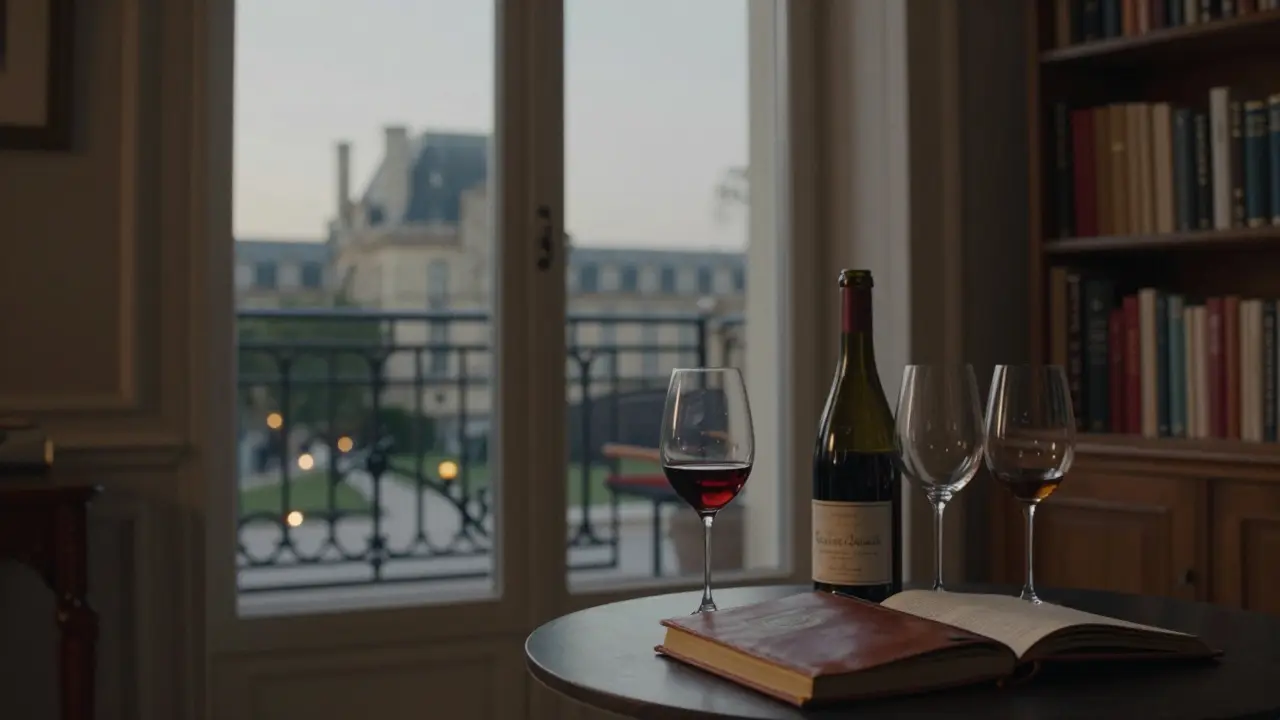 An elegant apartment interior with floor-to-ceiling windows overlooking a park at dusk.