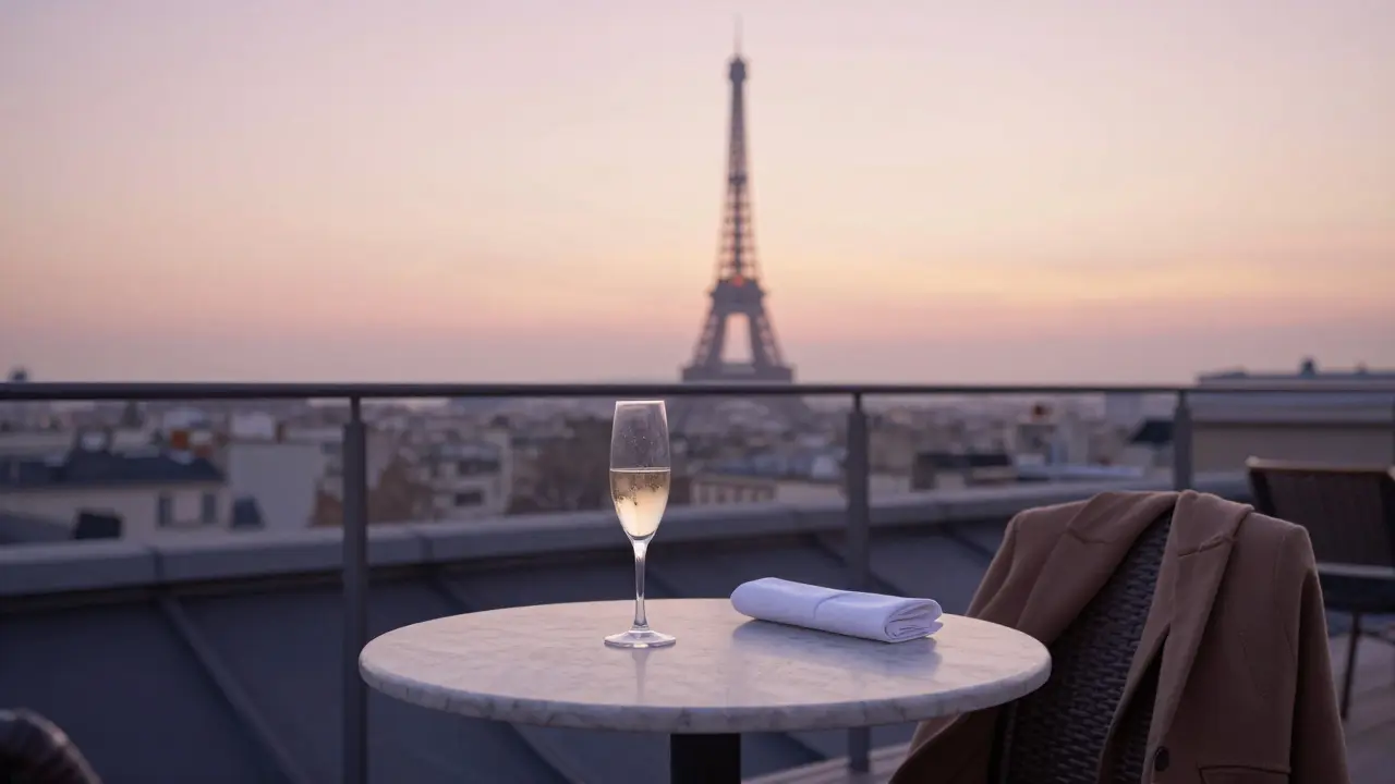 An empty rooftop terrace in Paris at dawn, with a champagne glass and coat left behind.