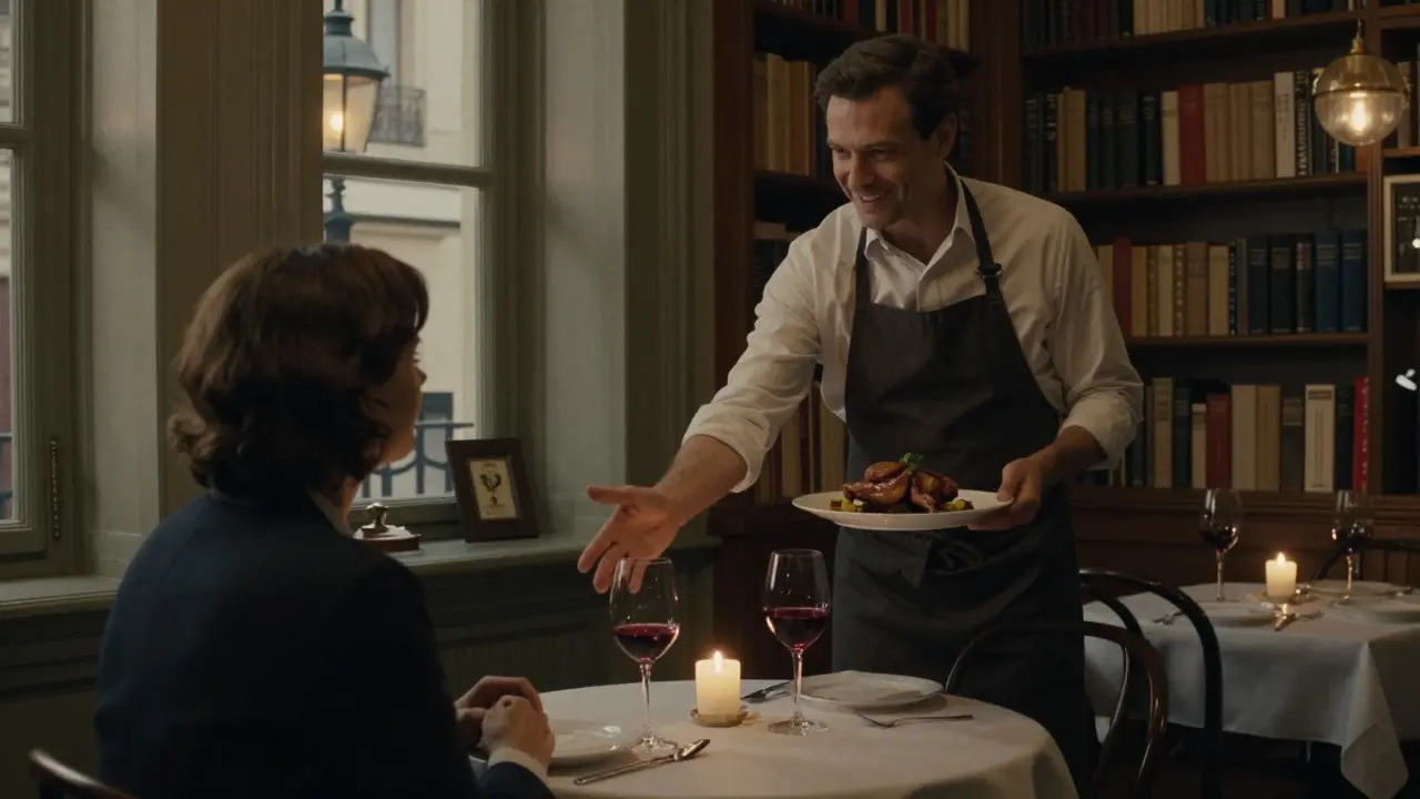 An intimate dinner in a hidden Paris bistro, candlelight glowing on wine and duck confit.