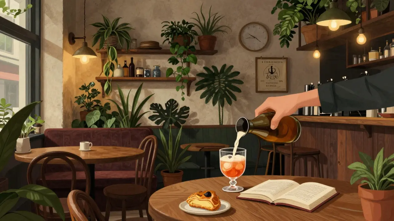 Cozy bohemian bar interior with plants, vintage furniture, and warm ambient lighting.