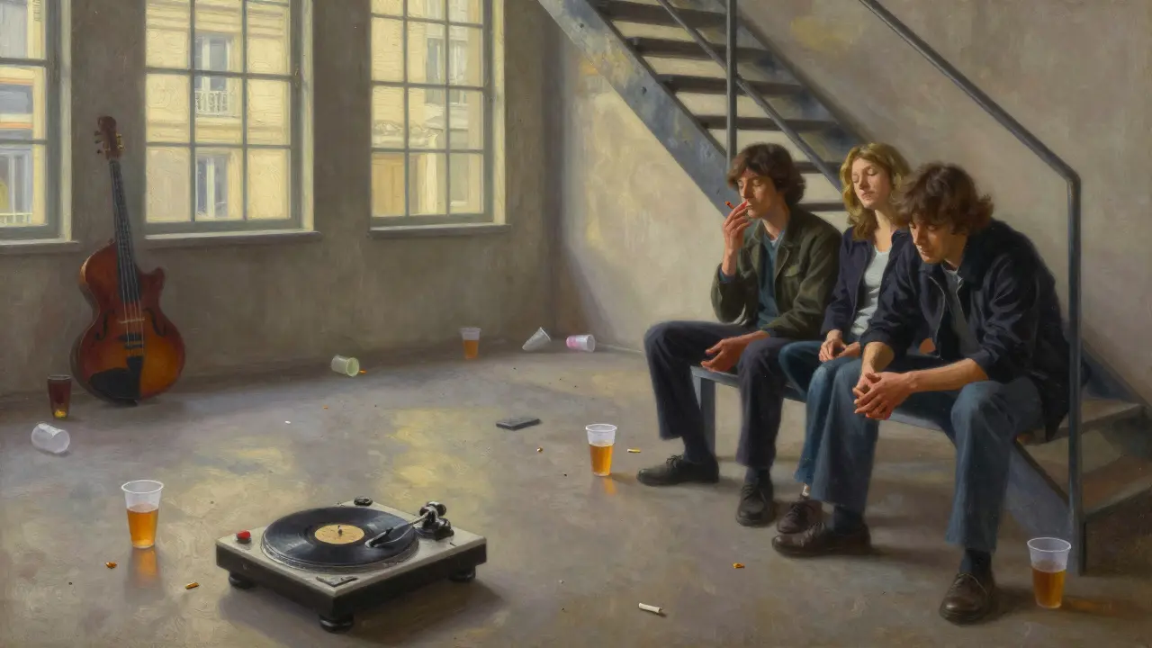 Dawn light in an empty Garage Paris, turntable playing vinyl, strangers sitting silently on stairs.