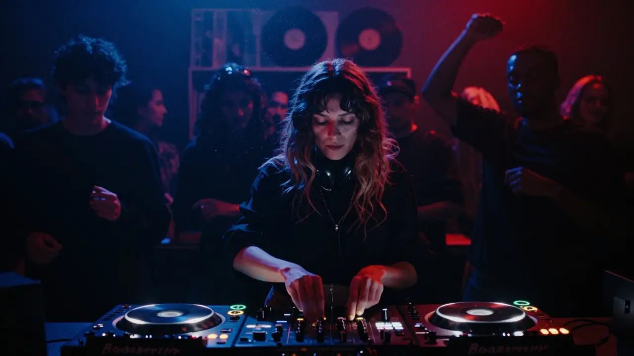 DJ manipulating analog equipment as silhouetted dancers move to live glitches in a dim, intimate club.