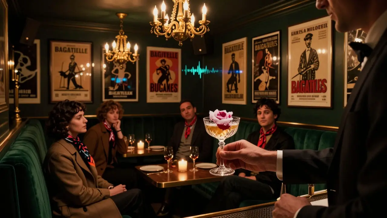 Elegant interior of Bagatelle Paris with velvet banquettes, brass chandeliers, and guests sipping crafted cocktails.