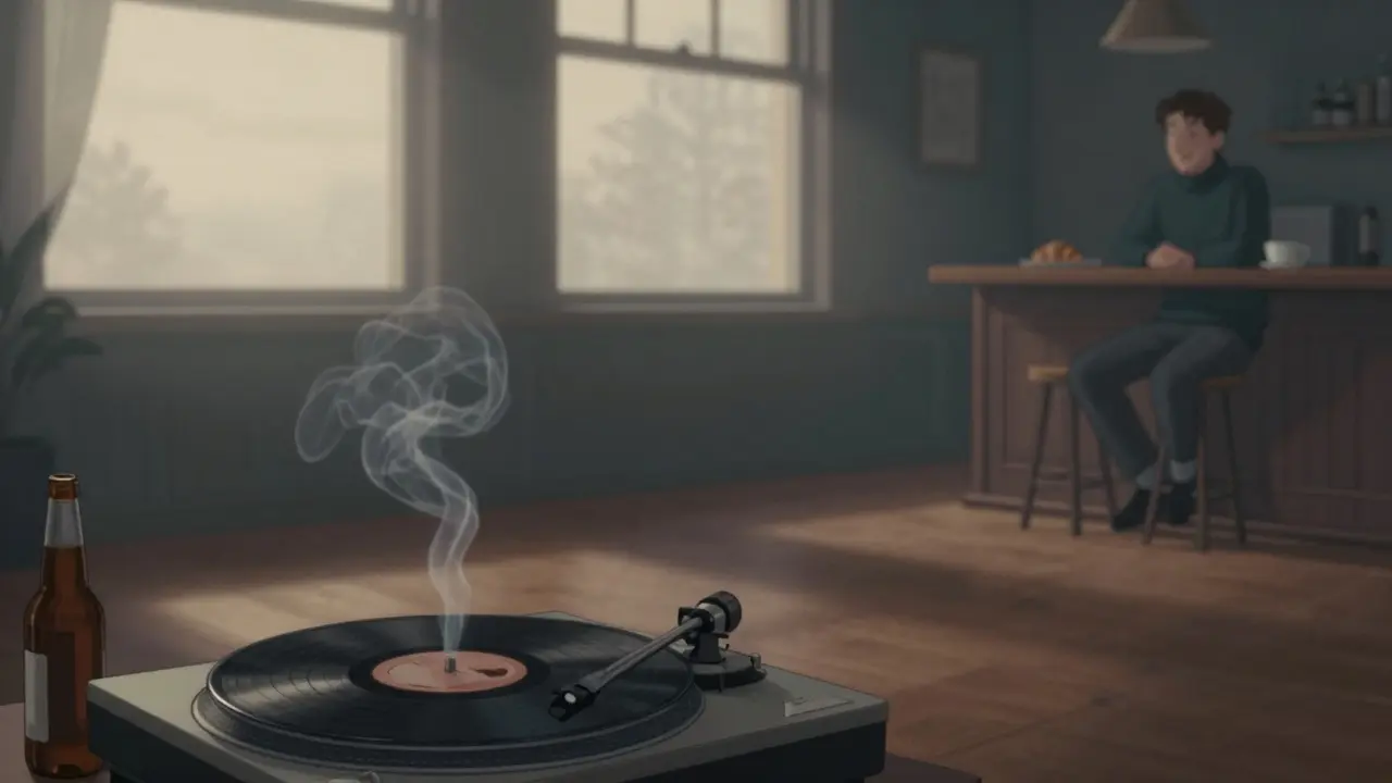 Empty dance floor at dawn after closing, a spinning vinyl record and morning light filtering through windows.