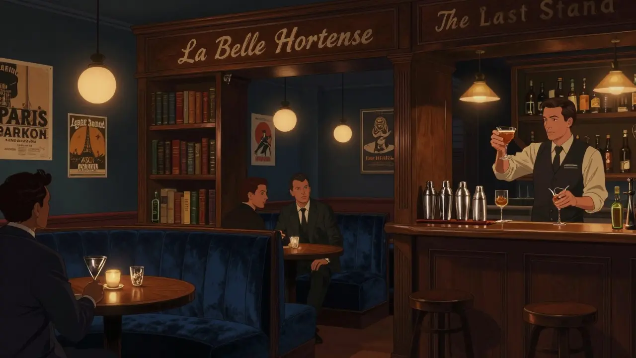 Hidden speakeasy bar with bookshelf entrance, men raising cocktails under warm vintage lighting.