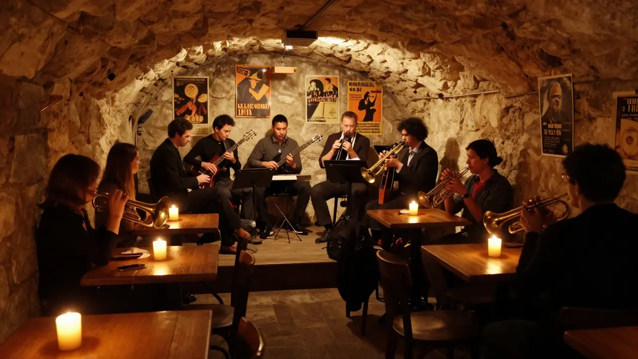 Live jazz band performing in a candlelit underground cellar with attentive patrons.
