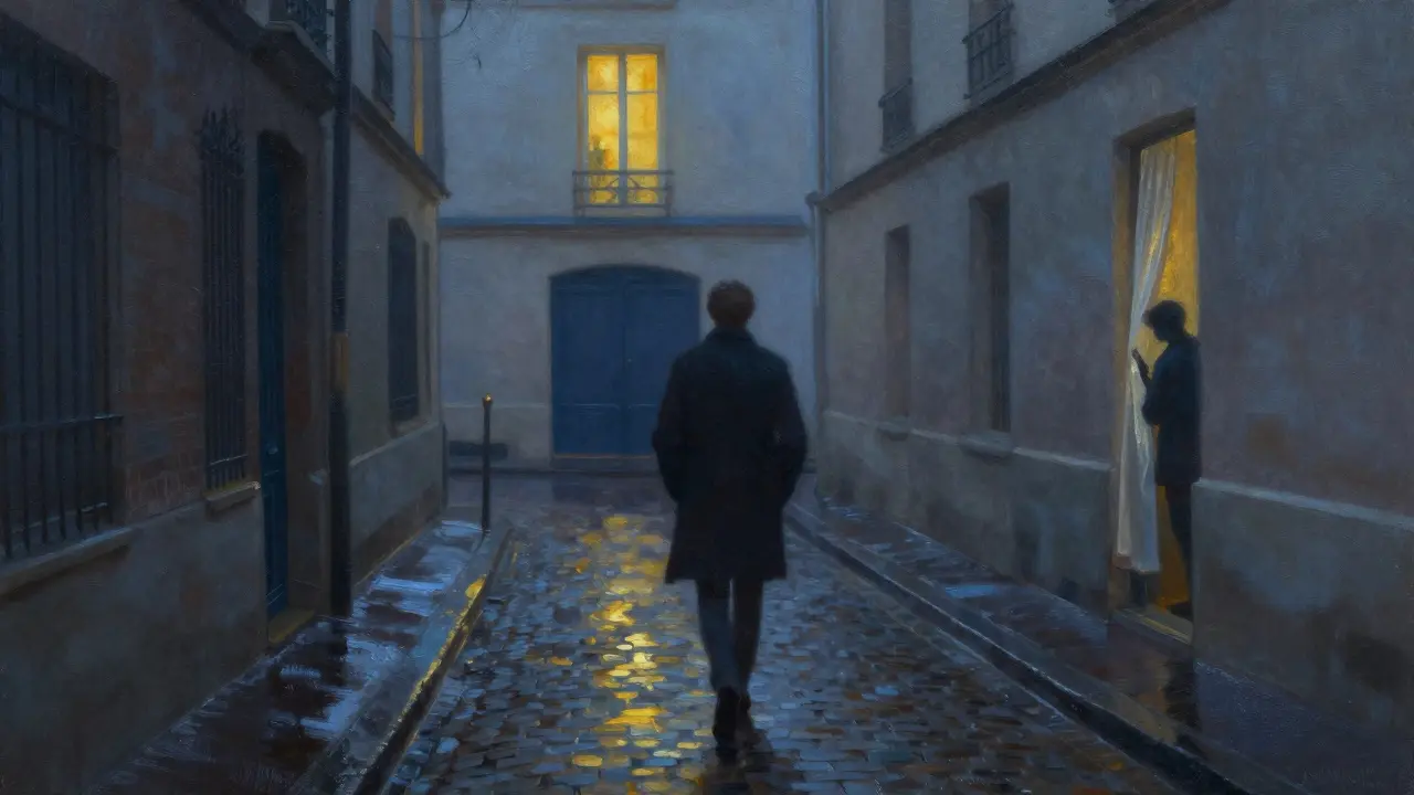 Nighttime alley in Paris 11 with a glowing window and silent figure watching from above.
