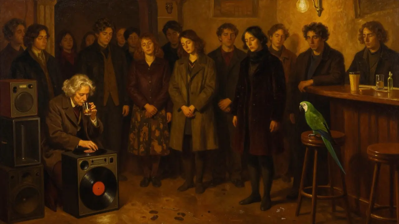 Quiet moment at 3 a.m. as people sway gently to Edith Piaf, bathed in soft amber light.