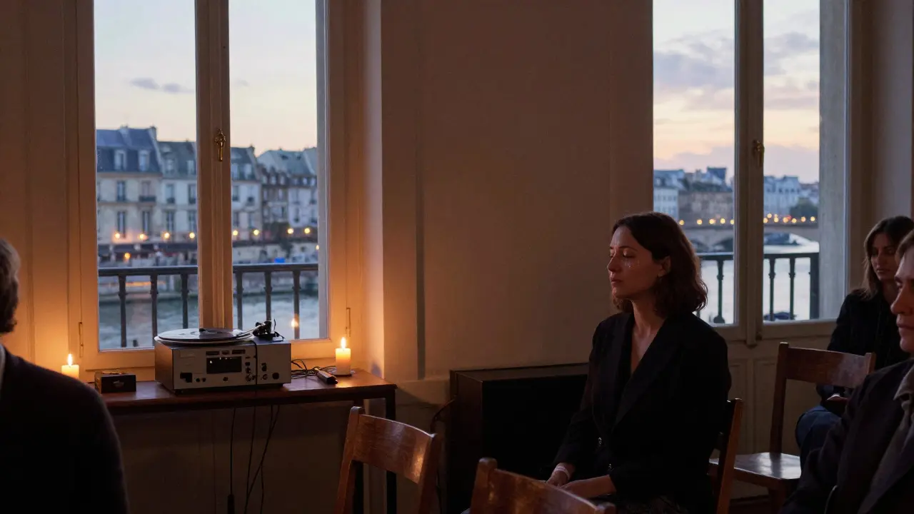 Silent Monday night listening session with candlelight, reel-to-reel machine, and attendees lost in music.