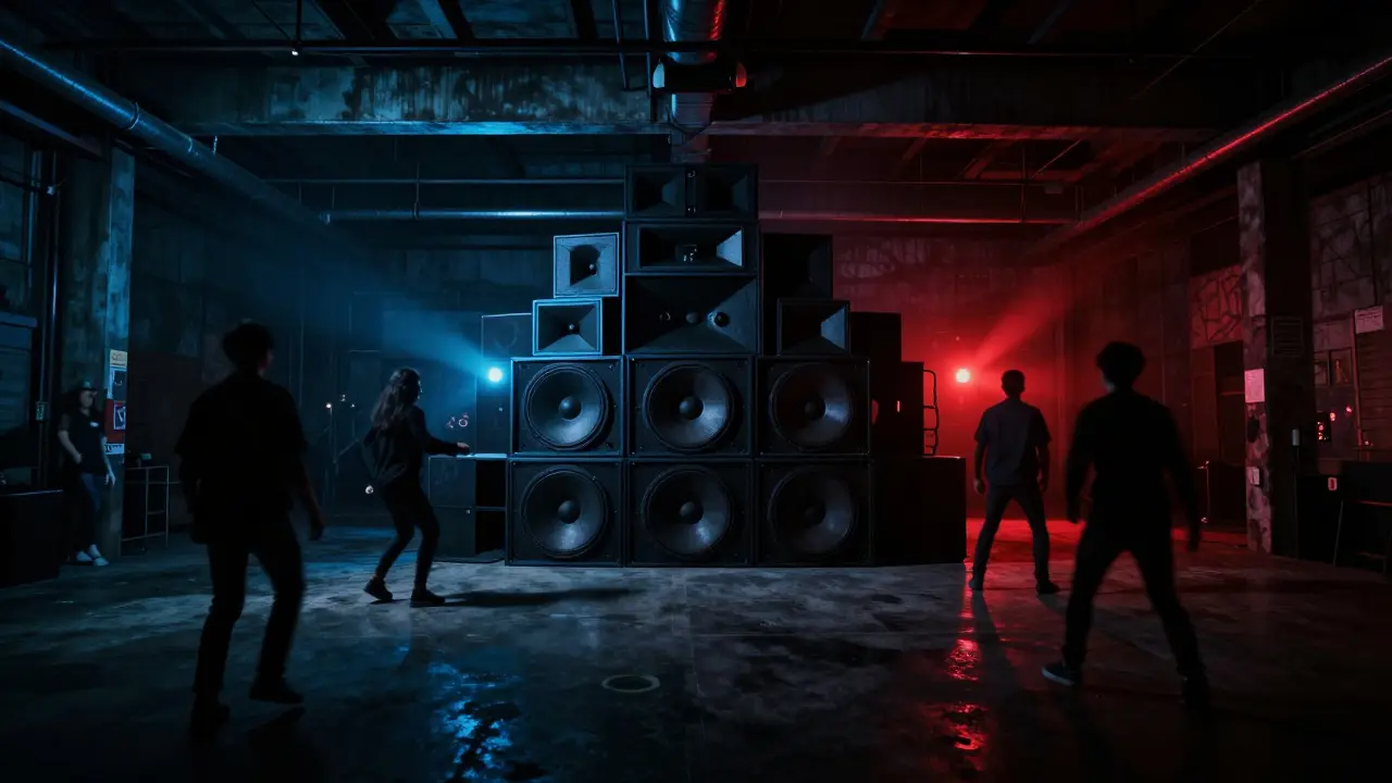 Silhouettes of dancers in a dark, industrial techno club with strobe lighting.