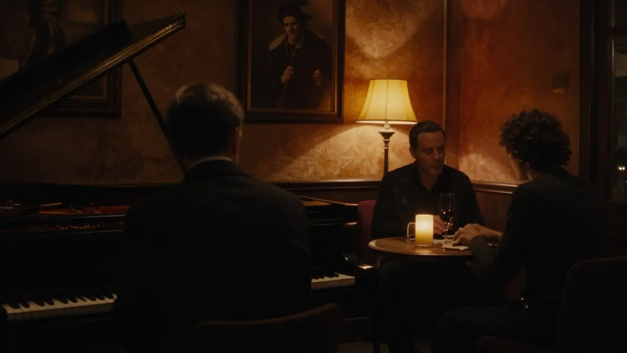 Silhouettes of two people in a dim jazz club, piano music filling the quiet space.