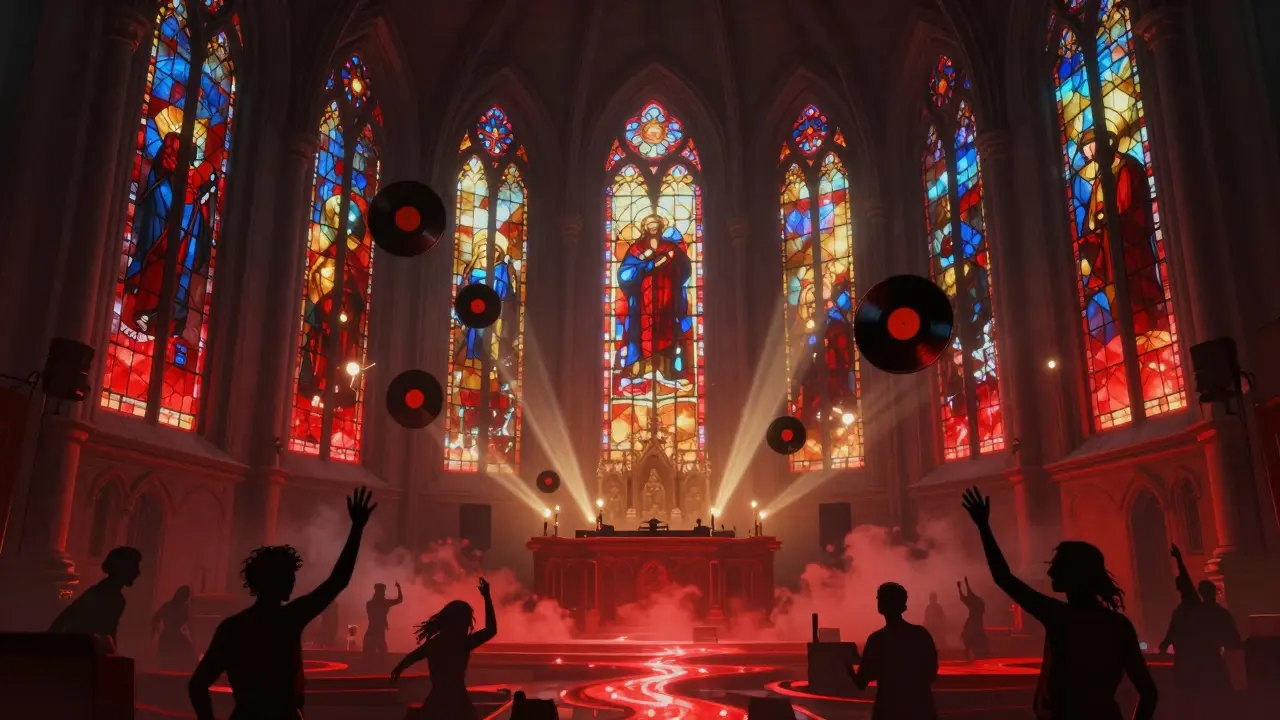 Stained-glass church lit red from below, dancers silhouetted as vinyl records float in the air.