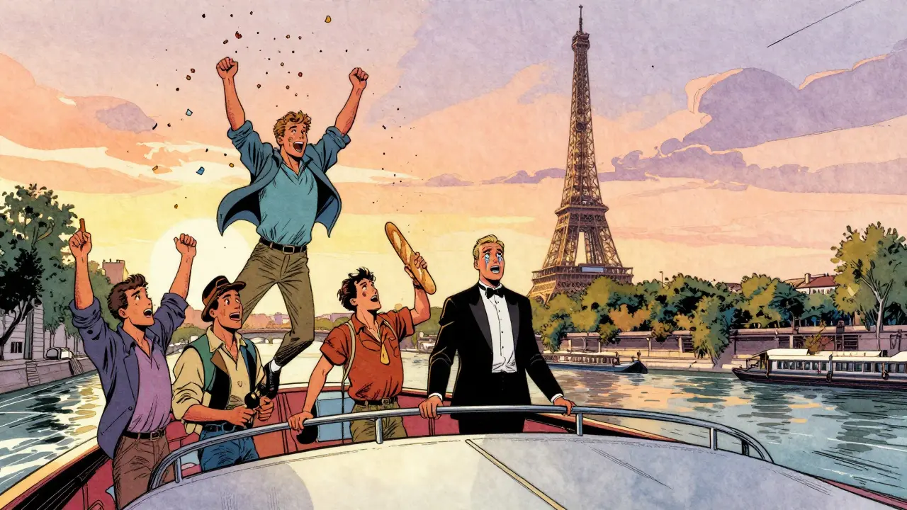 Sunset Seine cruise with confetti, baguette, and groom crying as Eiffel Tower sparkles behind.