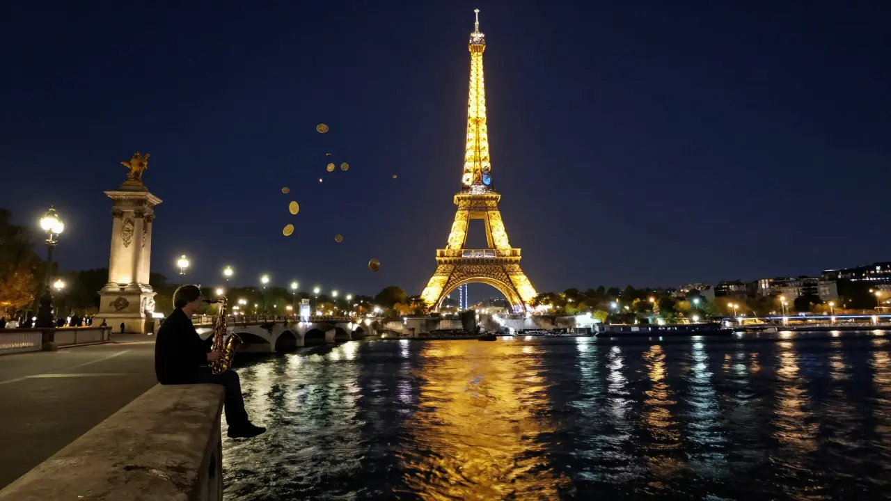 The Eiffel Tower sparkles in the Seine’s reflection as a lone figure sits on a bridge under glowing lamps.
