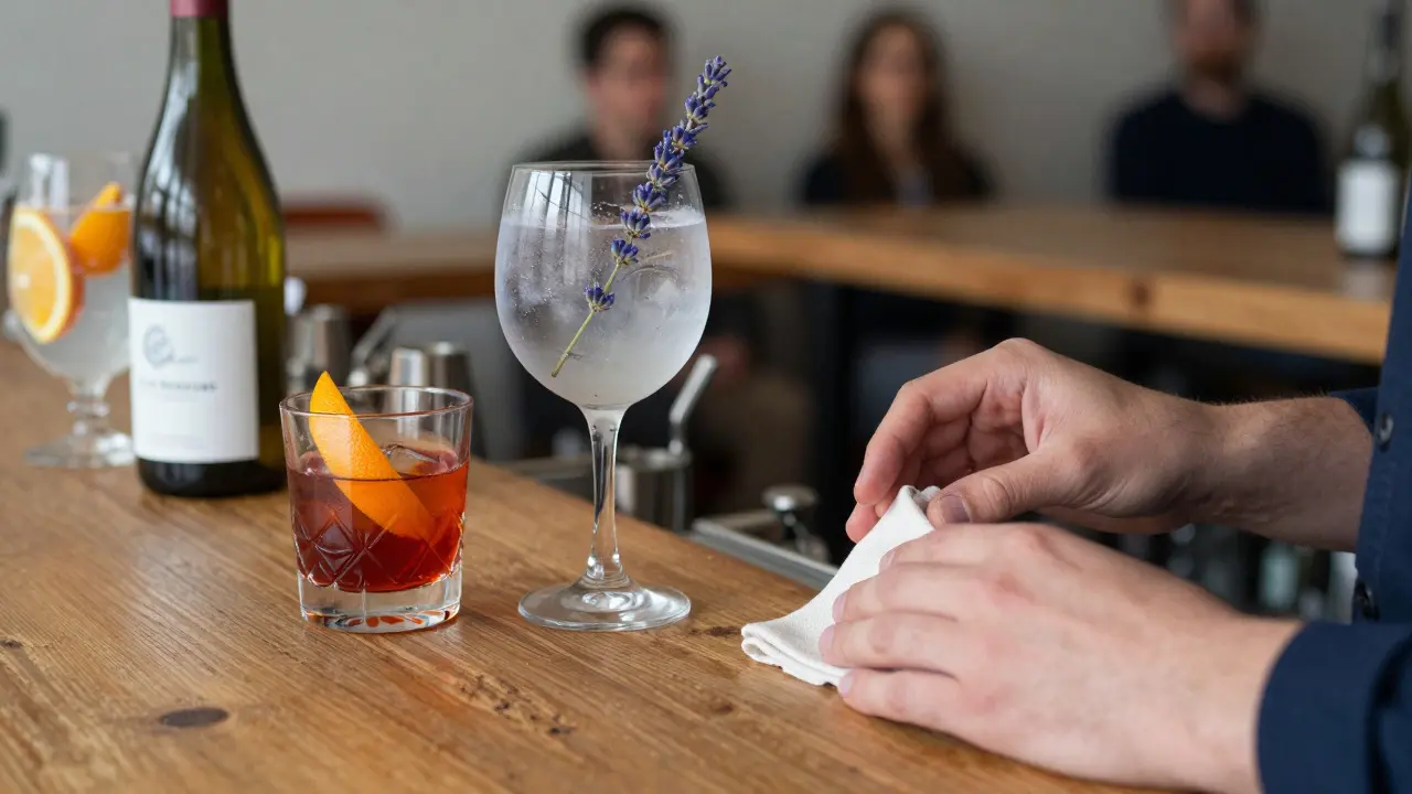 Three simple drinks on a wooden bar: Negroni, lavender gin tonic, and sparkling water, with no branding visible.