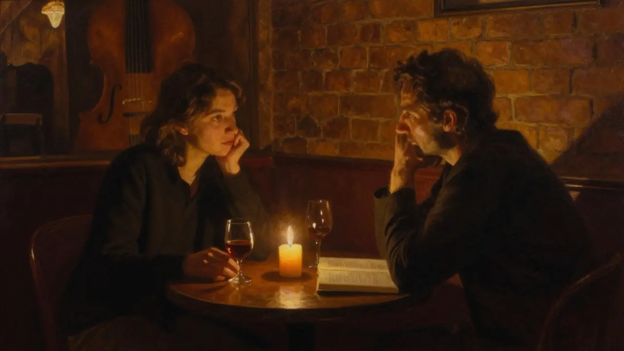 Two figures share a quiet moment in a candlelit jazz bar, shadows soft and intimate.