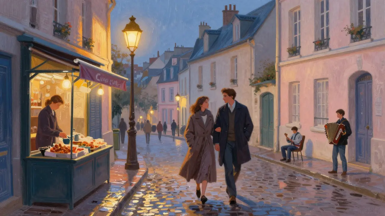 Two people walking through Montmartre at dusk, sharing a coat under twilight streetlamps.