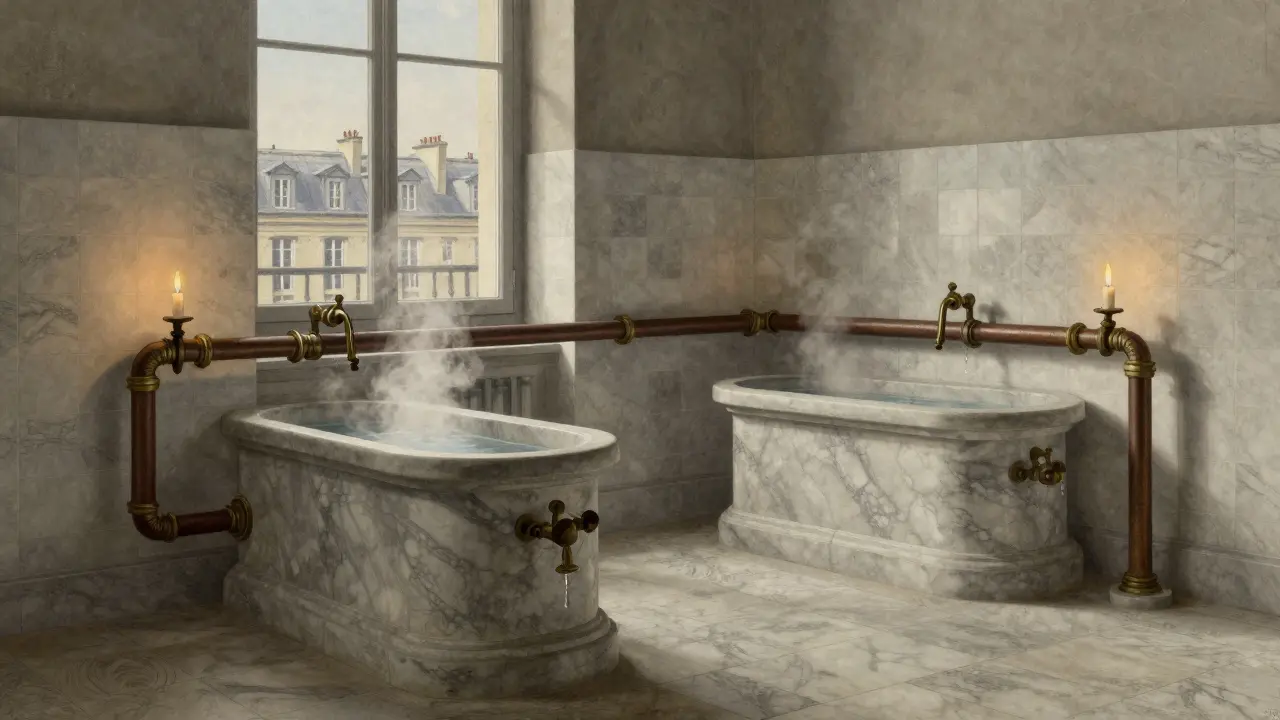 18th-century hydrotherapy room with marble tiles and steam, Paris rooftops outside.