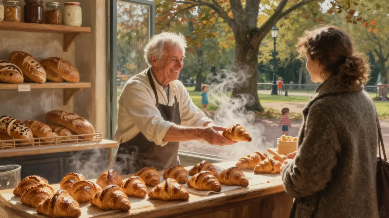 A baker hands a warm croissant to a customer at a cozy Parisian bakery, morning sunlight filtering through dusty windows filled with bread and jars.