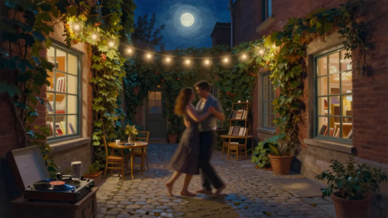 A couple dances barefoot in a moonlit courtyard surrounded by bookshop lights and ivy-covered walls.