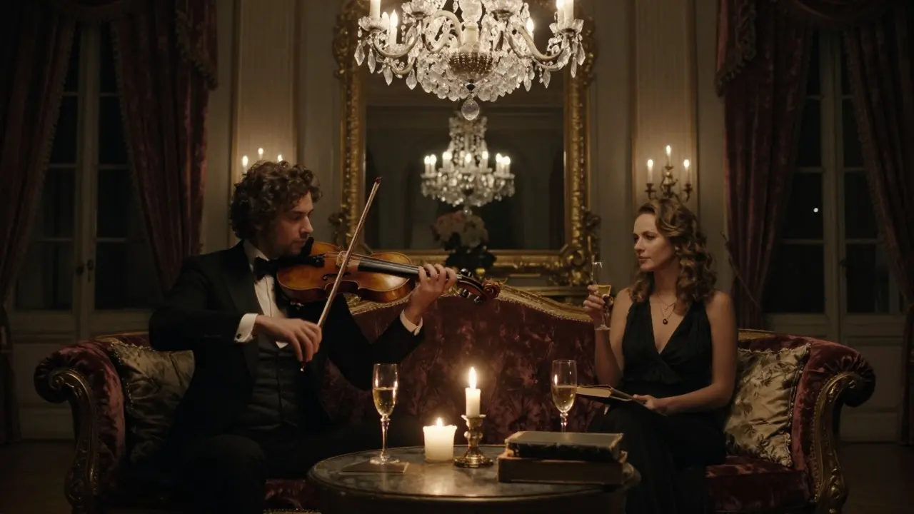 A couple enjoys a private violin concert in an elegant Parisian mansion, candlelight reflecting off champagne glasses.