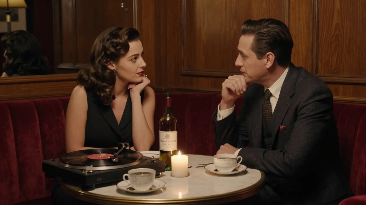 A couple shares quiet conversation in a dim jazz lounge with vintage vinyl spinning and candlelight on wine.