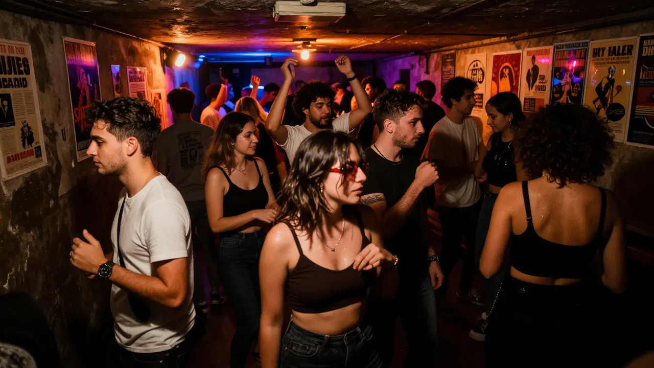 A diverse crowd dancing freely in a hidden underground club with neon lights and no bouncers.