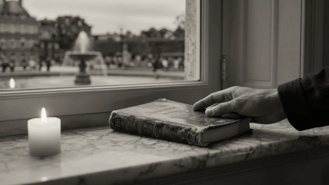 A handwritten journal rests on a mantelpiece beside a burning candle, with the faint outline of a garden fountain visible through the window.
