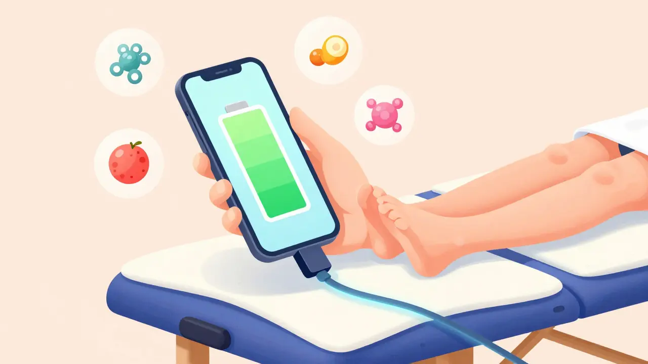 A human body depicted as a phone being charged by a massage table, with stress and calm hormones floating nearby.