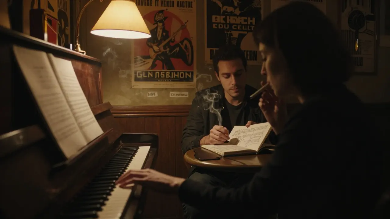 A jazz pianist plays in a dimly lit basement club, a man sketches in a notebook as smoke curls in the air, warm lamplight illuminating the scene.