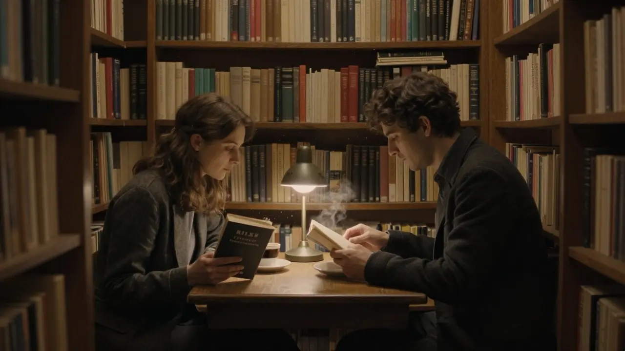 A man and woman sharing a quiet moment reading Rilke in a cozy Parisian bookstore.