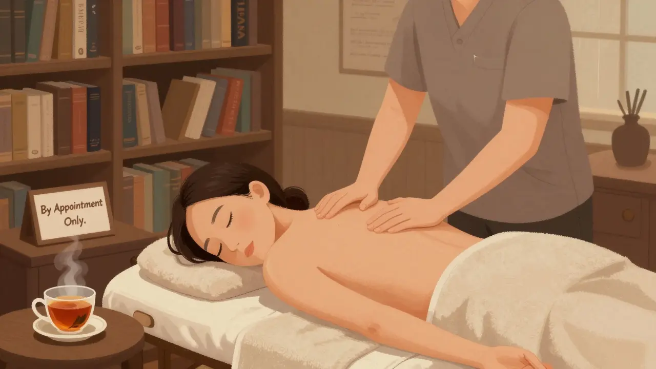 A massage therapist working in a cozy home studio above a bookstore, with books visible in the background and warm lighting.