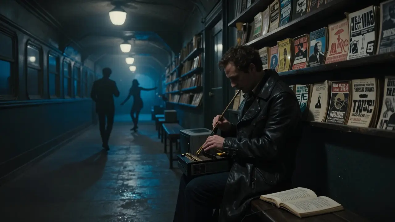 A mysterious underground space at Le 105 with a man playing a homemade theremin, silhouetted dancers, and flickering vintage train lights.