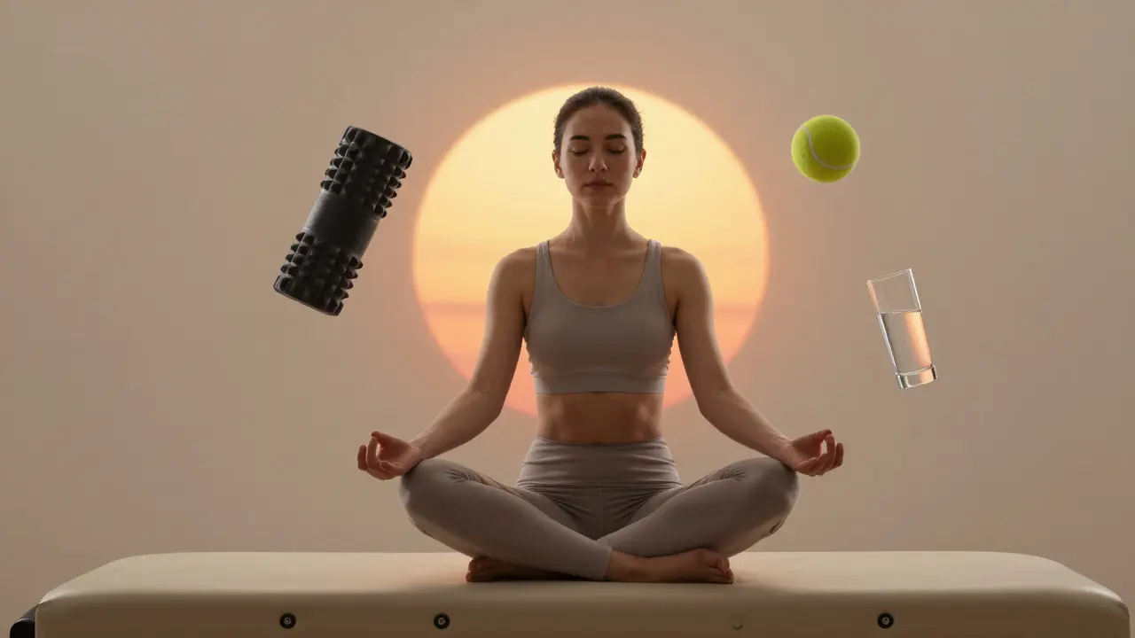 A person in meditation surrounded by symbols of self-care: water, foam roller, tennis ball, and sunset.