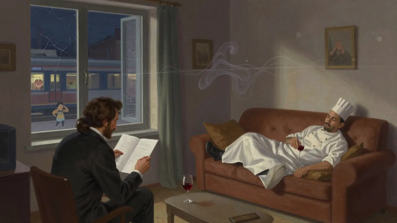 A serene 3 a.m. interior with a historian sketching, a sleeping chef on a couch, and faint soundwaves drifting in through a cracked door.