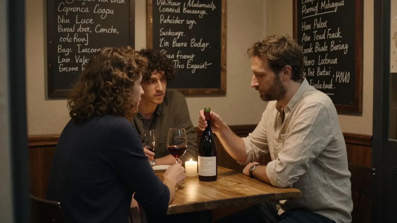 A sommelier placing a half-bottle of red wine on a wooden table as two guests share a quiet moment in a cozy Paris wine bar.