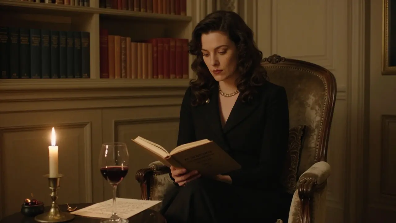 A woman in a black gown reads poetry aloud by candlelight in a historic Parisian study, books lining the shelves behind her.
