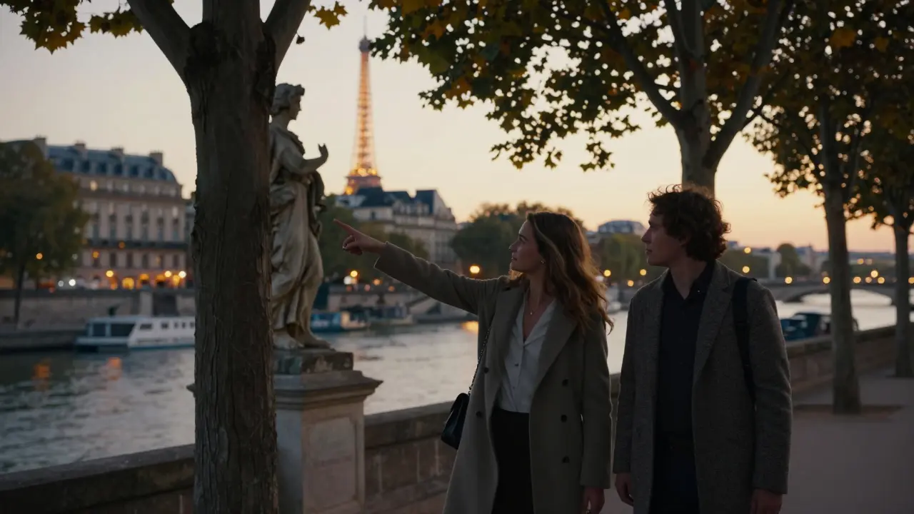 A woman pointing out a hidden statue in Luxembourg Gardens at dusk, Paris rooftops glowing behind them.