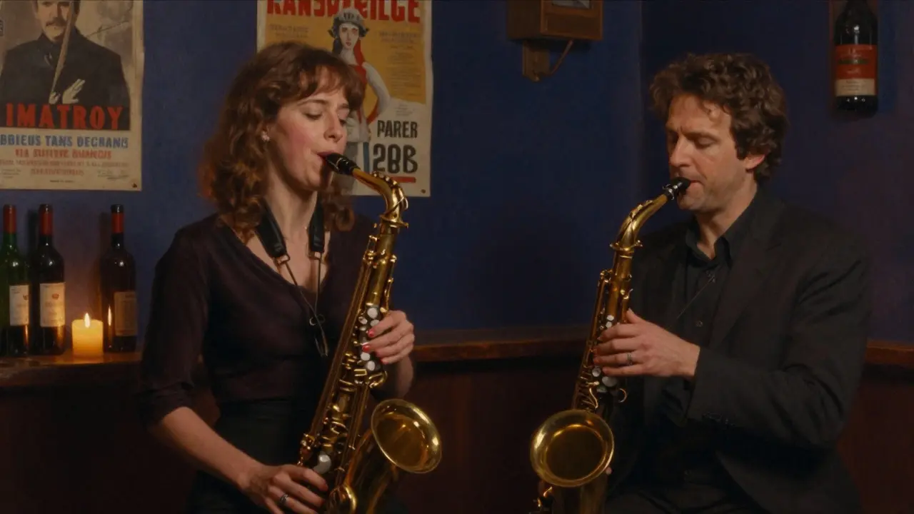 A woman singing softly in a Montmartre jazz club, candlelight illuminating her face as a man listens intently.