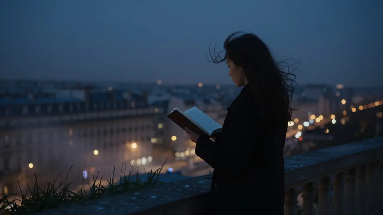 A woman stands alone on a misty Paris terrace at dawn, city lights glowing softly in the distance.