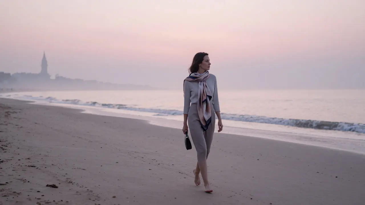 A woman walks barefoot on a quiet beach at dawn, carrying only a small clutch as Paris fades in the mist.