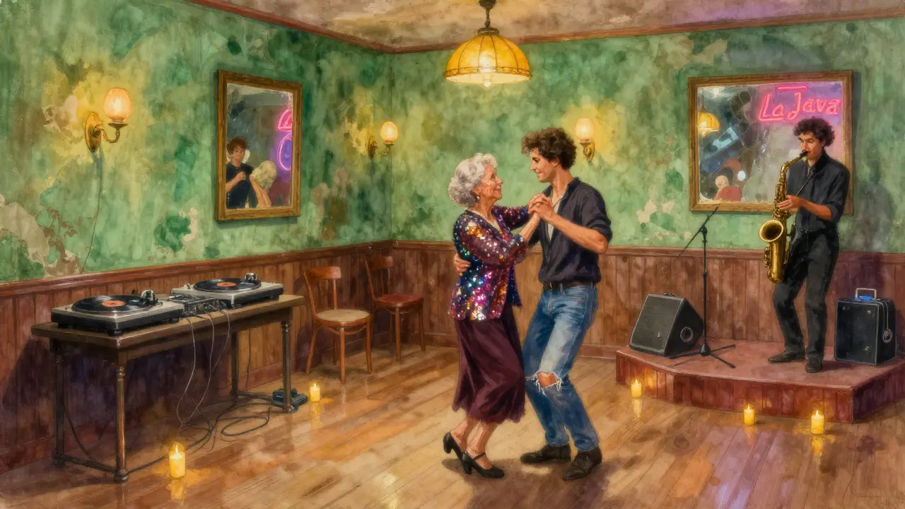 An elderly woman and a teenager dance together in a cozy, vintage dance hall with a DJ spinning vinyl and a live saxophone player.