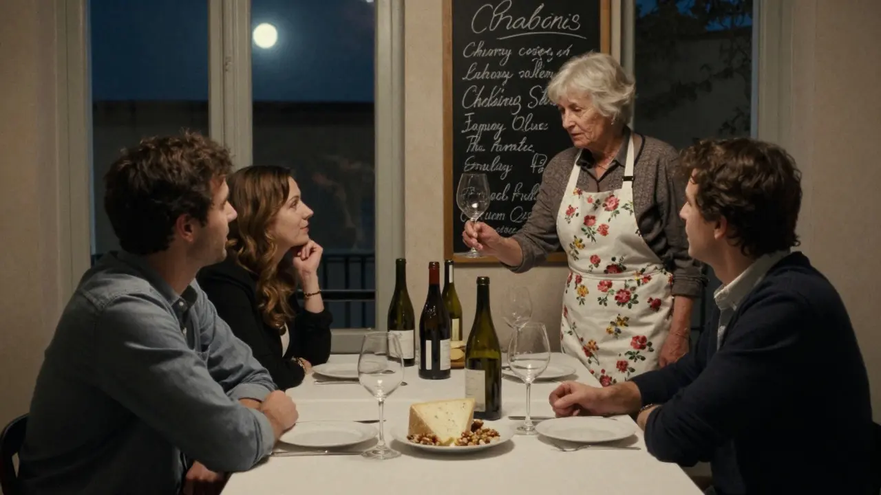 An elderly woman serving Chablis to a couple in a tiny Paris wine cellar, with handwritten wine notes on a chalkboard behind her.