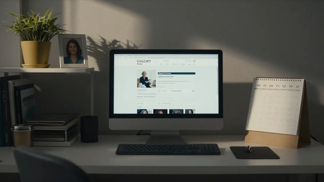 An empty Glazart Paris office in 2026, old website still active, a framed photo on the shelf beside a plant.