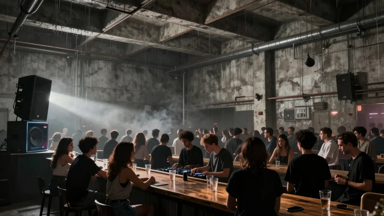 An industrial warehouse club with concrete walls, condensation dripping from the ceiling, and a crowd lost in intense techno music.
