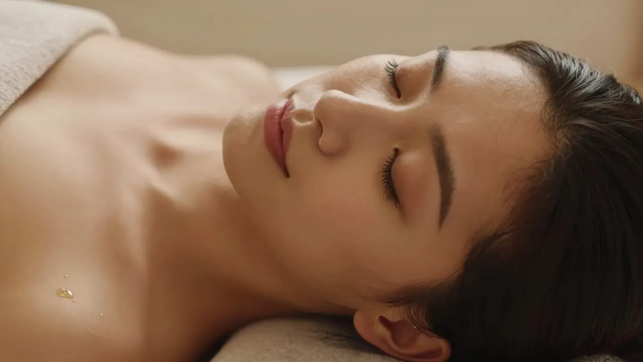 Close-up of a relaxed face resting on a massage pillow, eyes closed, with soft light highlighting calm skin and a single oil droplet.